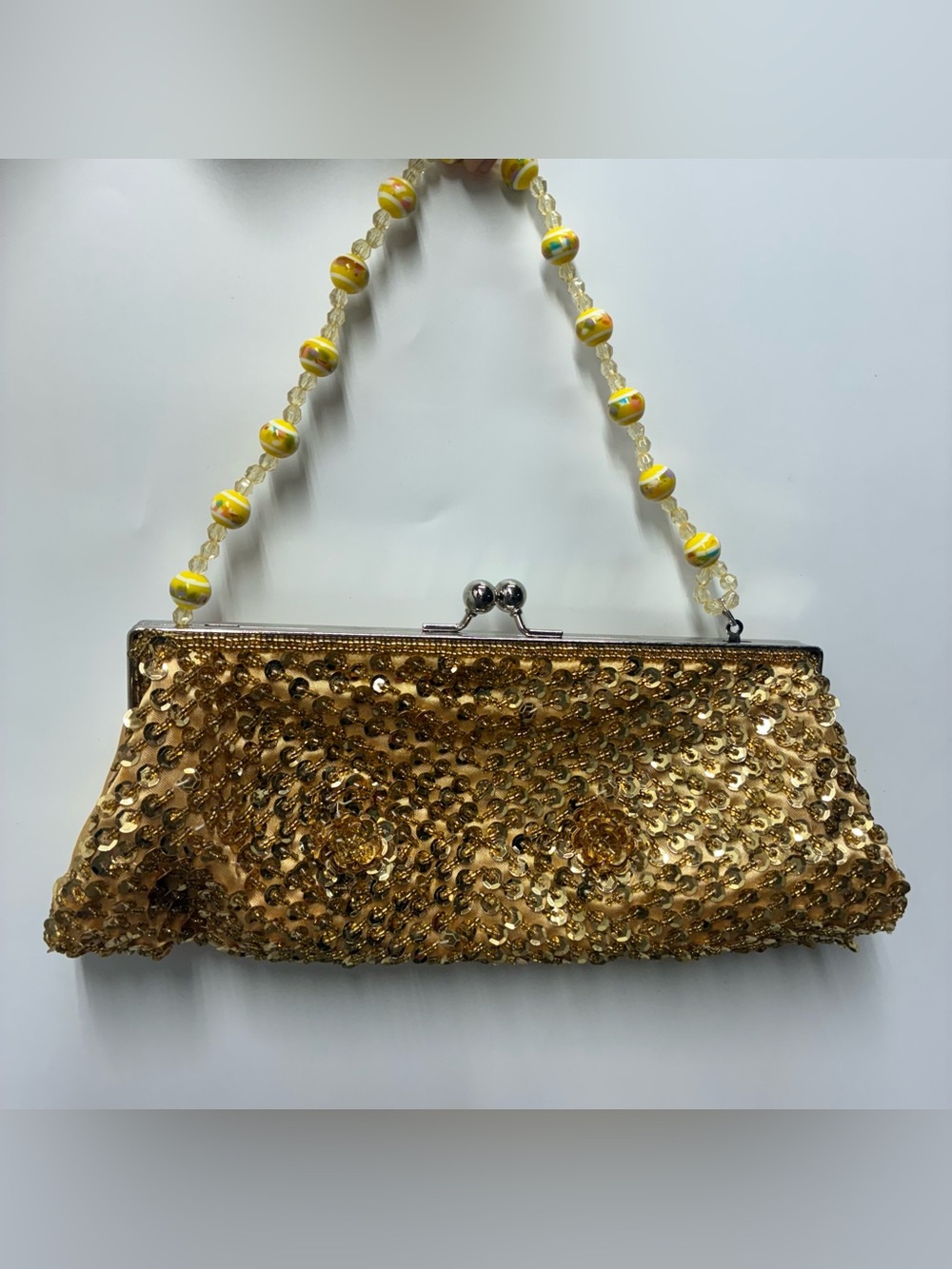 Vintage Y2K Gold Sequin Beaded Mini Purse KISS Lock Evening Cocktail Formal